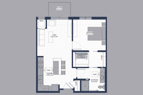 Floor plan for 1 bed, 1 bath, 720 sqft